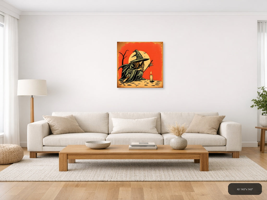 Vintage Witch with Broomstick Moon Wall Art — A3 / Living Room