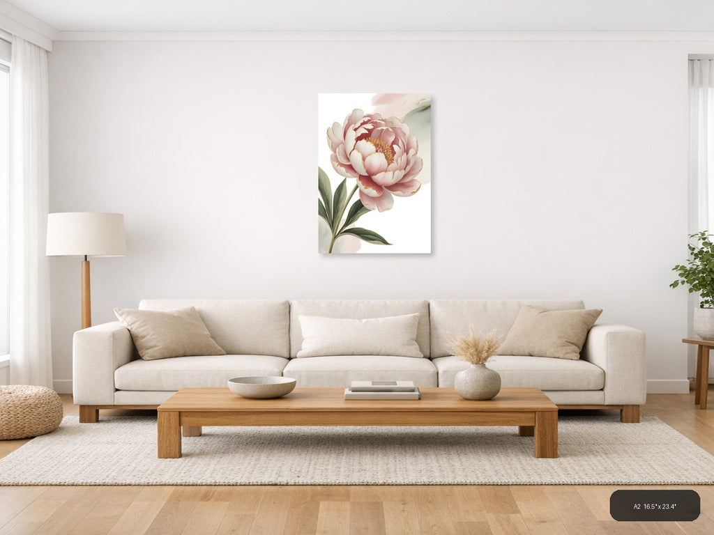 Pink Peony with Gold Accents Watercolor Wall Art — A2 / Living Room