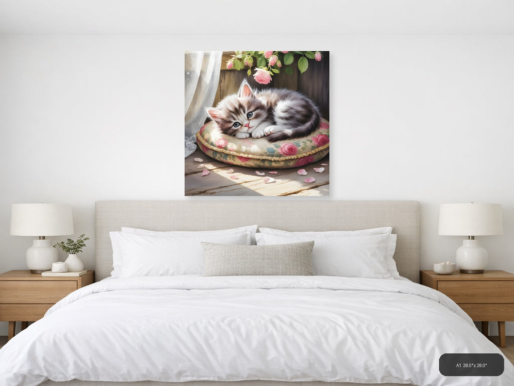 Fluffy Kitten on Floral Bed Watercolor Wall Art — A1 / Bedroom