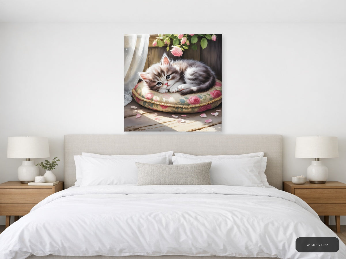 Fluffy Kitten on Floral Bed Watercolor Wall Art — A1 / Bedroom