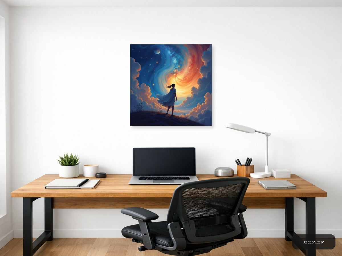 Woman Gazing at Cosmic Spiral Abstract Wall Art — A2 / Office