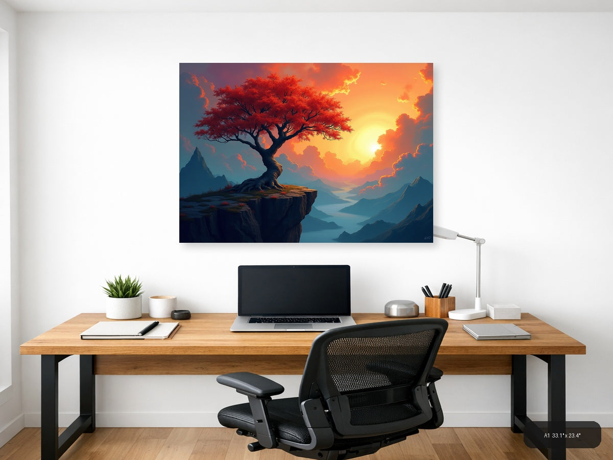 Crimson Tree Sunset Mountain Landscape Abstract Wall Art — A1 / Office