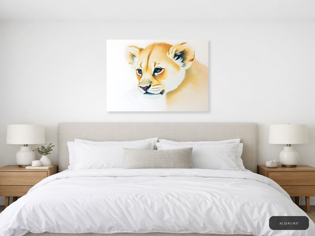 Young Lion Cub Watercolor Portrait Wall Art — A2 / Bedroom