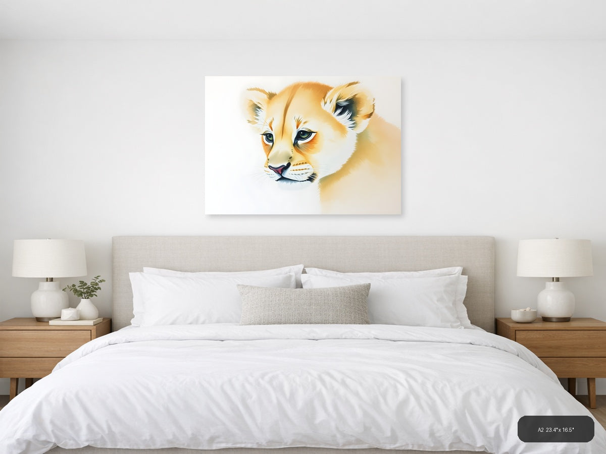 Young Lion Cub Watercolor Portrait Wall Art — A2 / Bedroom
