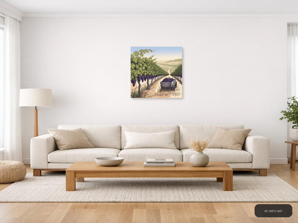 Vineyard Harvest Line Art - Purple Grapes Wine Country Wall Art — A3 / Living Room