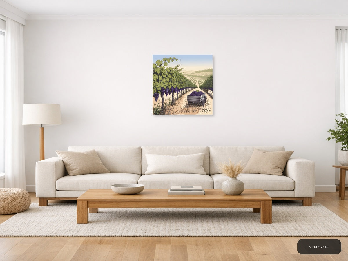 Vineyard Harvest Line Art - Purple Grapes Wine Country Wall Art — A3 / Living Room