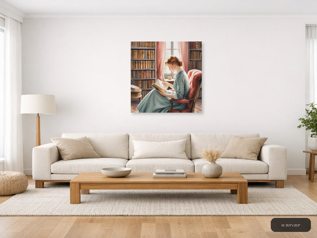 Woman Reading in Library Watercolor Wall Art — A2 / Living Room