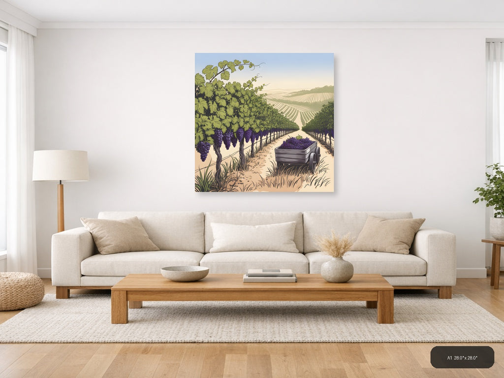 Vineyard Harvest Line Art - Purple Grapes Wine Country Wall Art — A1 / Living Room