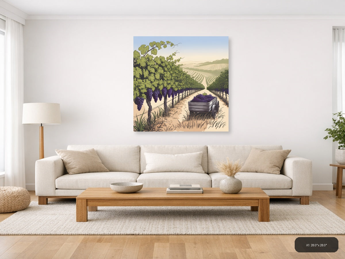 Vineyard Harvest Line Art - Purple Grapes Wine Country Wall Art — A1 / Living Room