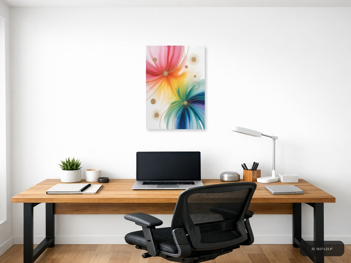 Rainbow Watercolor Sunburst with Gold Accents Wall Art — A2 / Office