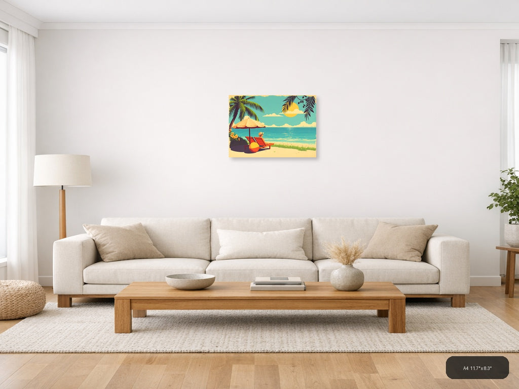 Vintage Beach Vacation Scene with Umbrella Wall Art — A4 / Living Room