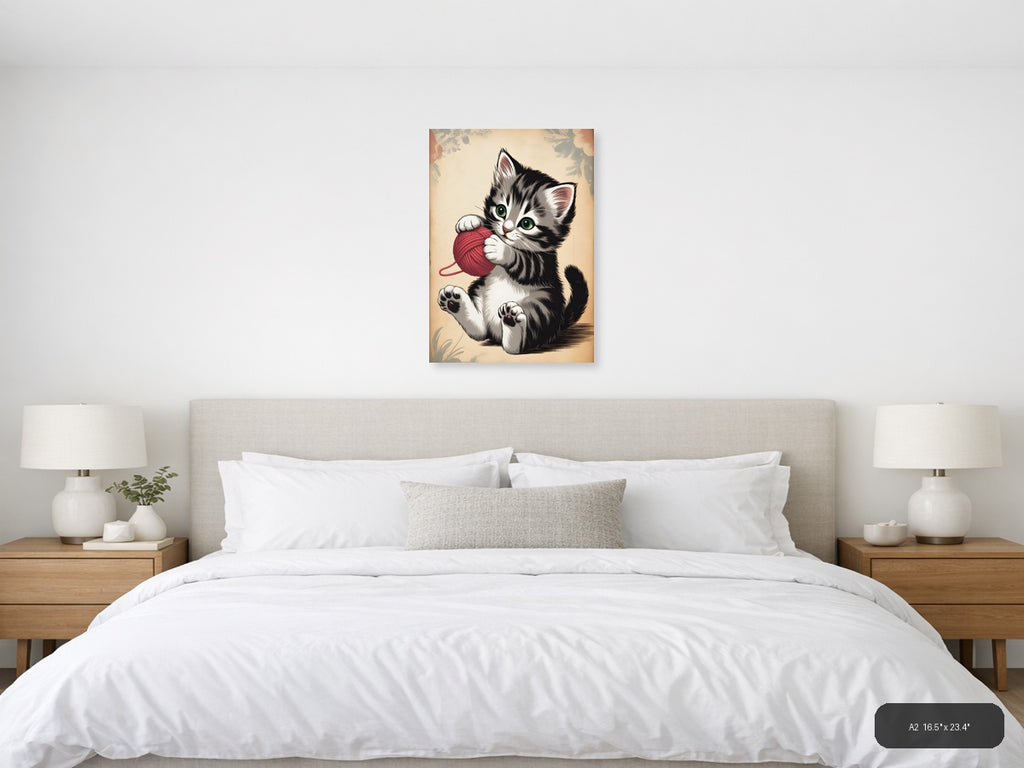 Playful Kitten with Red Yarn Ball Vintage Wall Art — A2 / Bedroom
