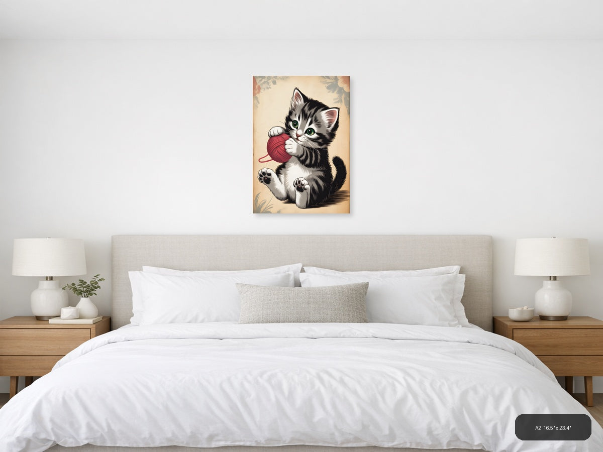 Playful Kitten with Red Yarn Ball Vintage Wall Art — A2 / Bedroom