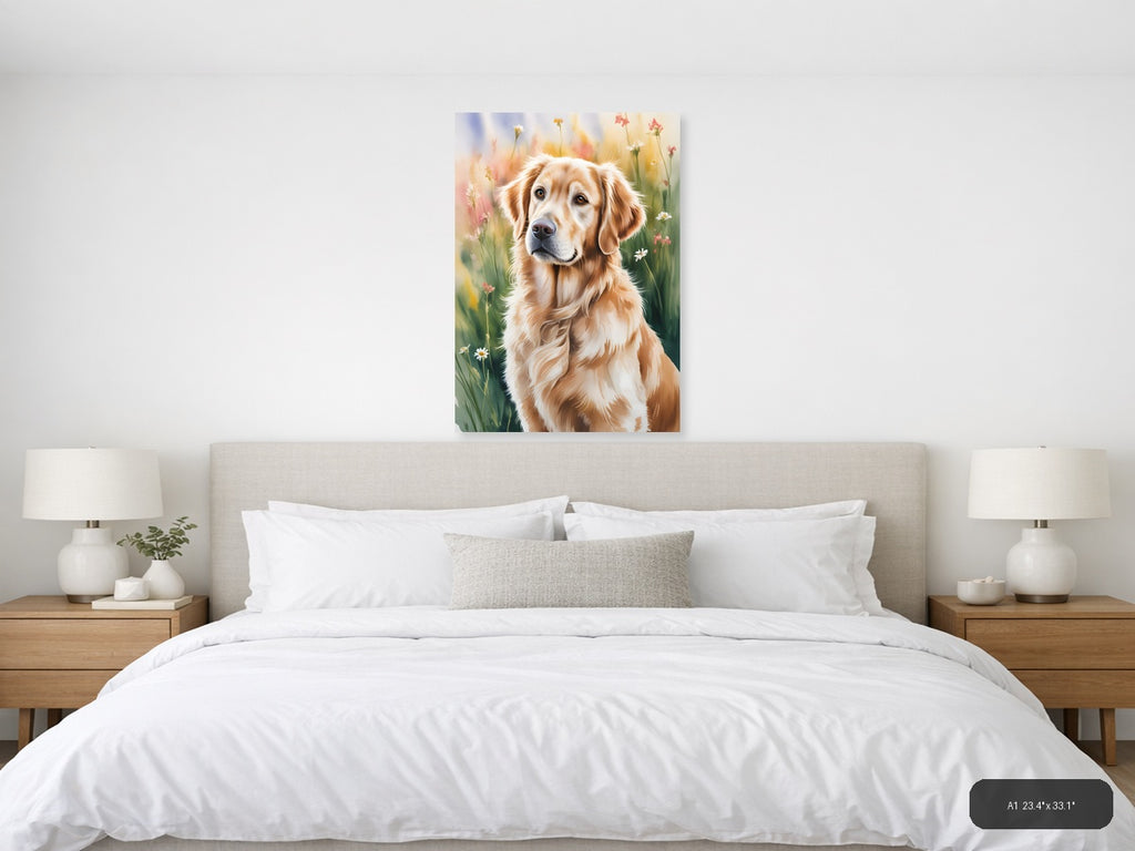 Golden Retriever in Wildflower Meadow Watercolor Wall Art — A1 / Bedroom