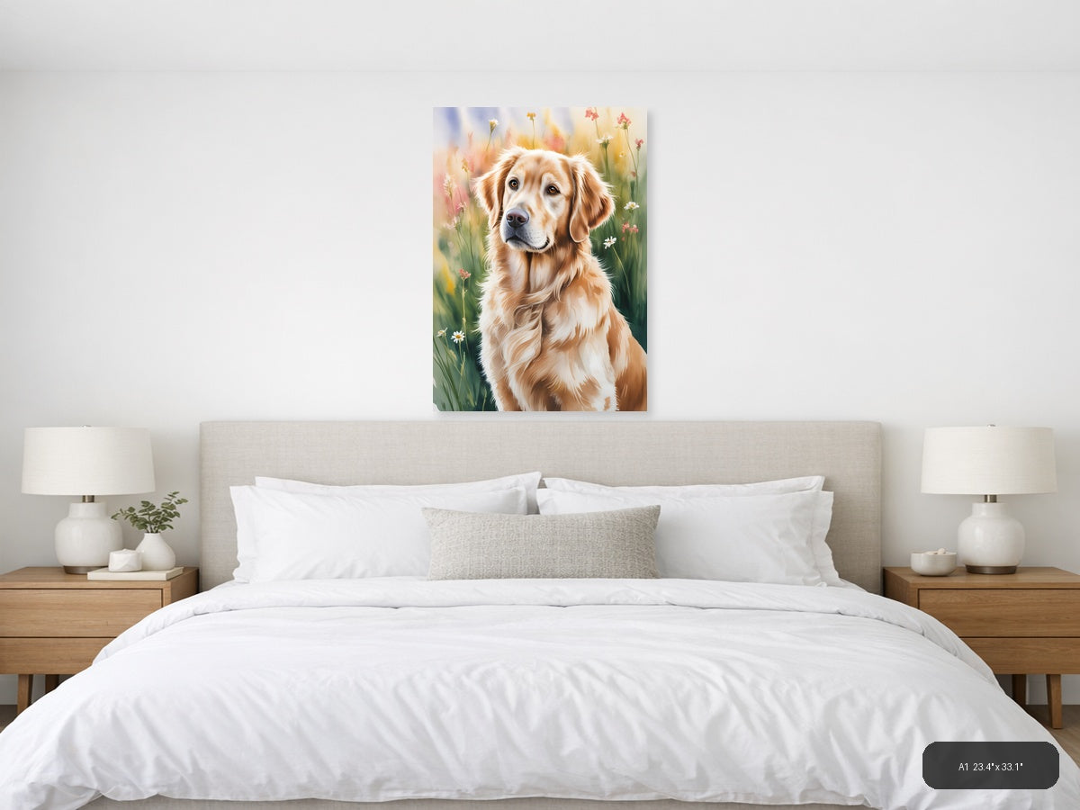 Golden Retriever in Wildflower Meadow Watercolor Wall Art — A1 / Bedroom