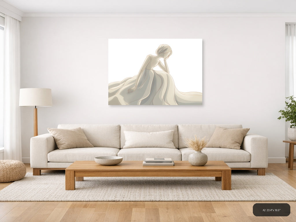 Elegant Woman in Flowing Gown Minimalist Wall Art — A2 / Living Room