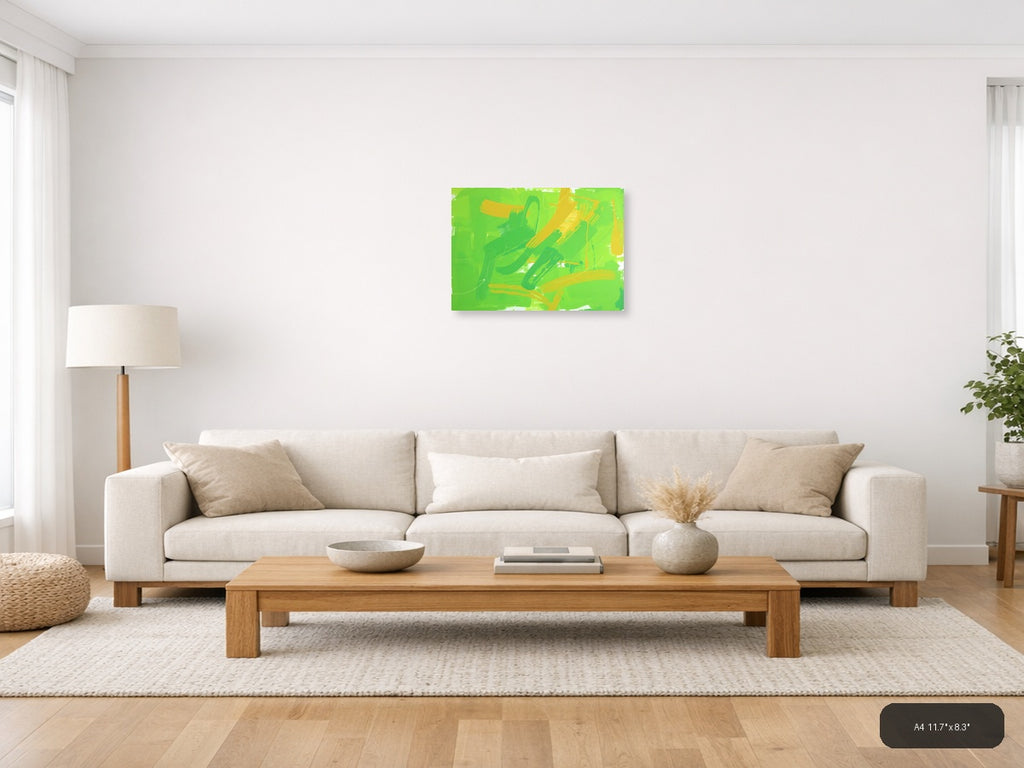 Vibrant Green & Yellow Abstract Brush Strokes Wall Art — A4 / Living Room