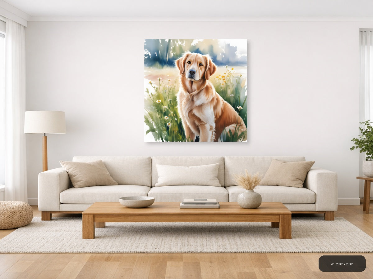 Golden Retriever in Wildflowers Watercolor Wall Art — A1 / Living Room