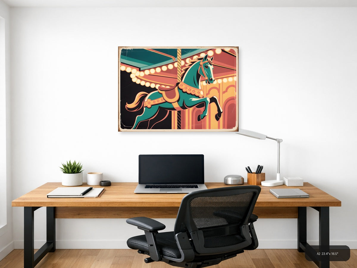Vintage Carousel Horse Teal & Gold Wall Art — A2 / Office