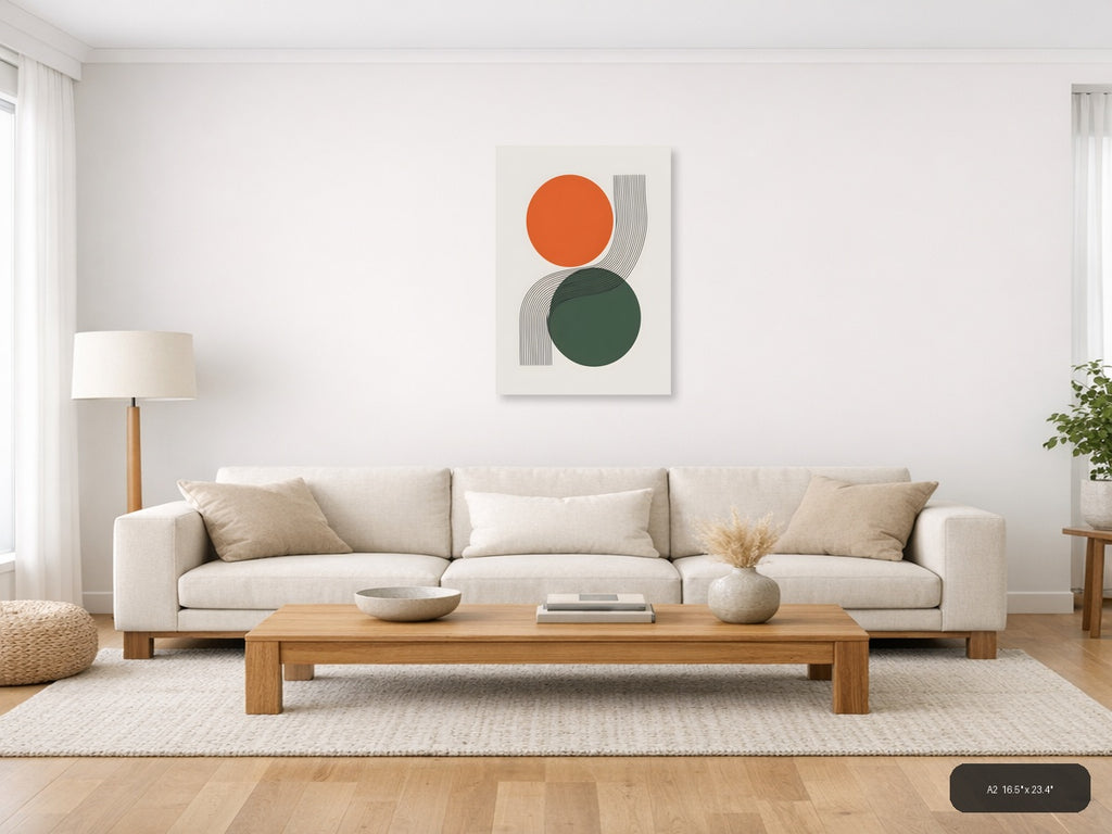 Orange and Green Circles with Line Art Curves Wall Art — A2 / Living Room