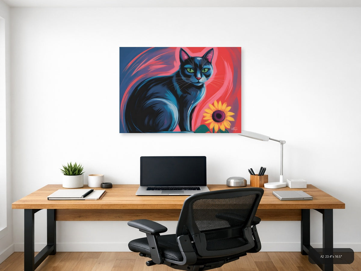 Blue Cat with Sunflower Abstract Pop Art Wall Art — A2 / Office