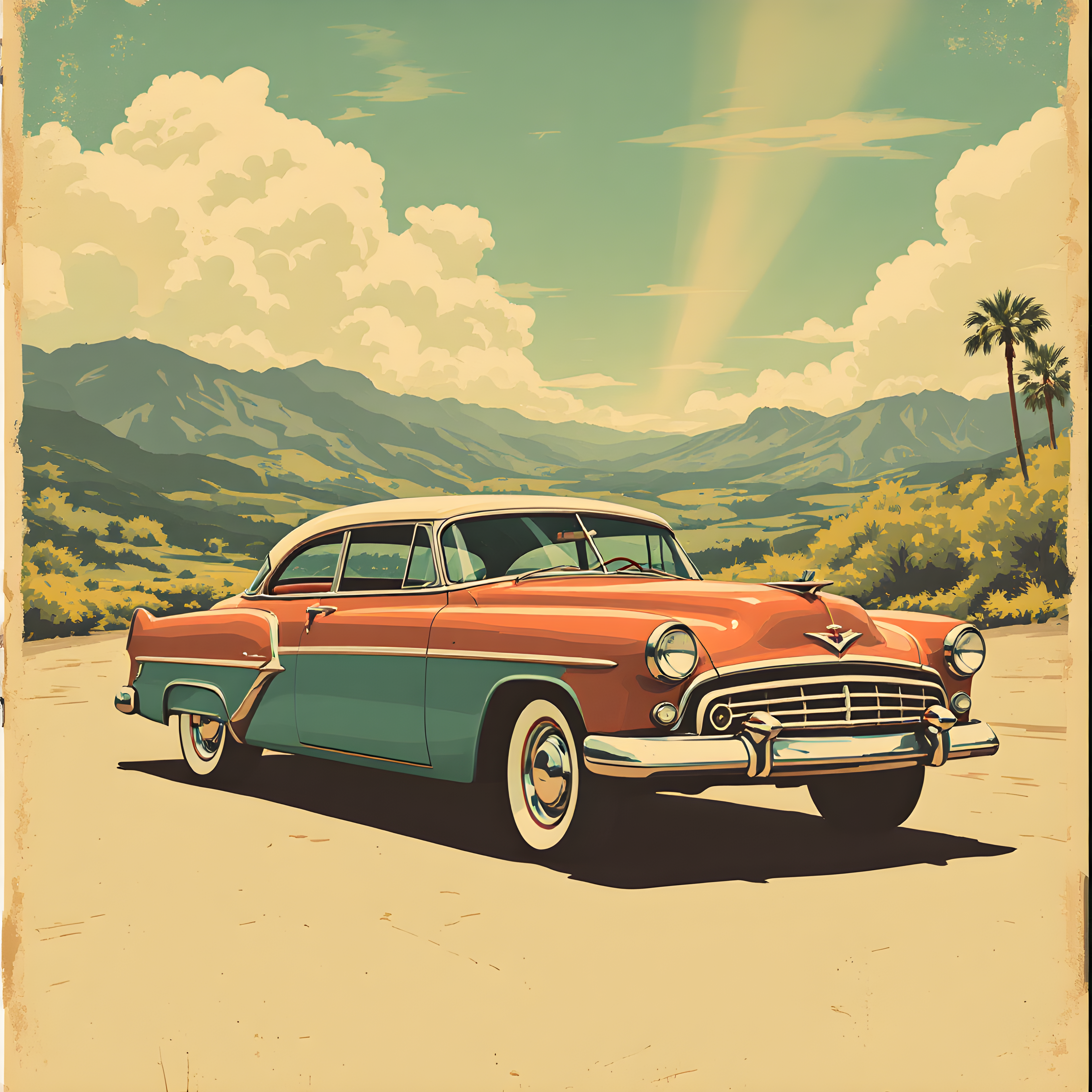 Vintage 1950s Classic Car Desert Landscape Wall Art