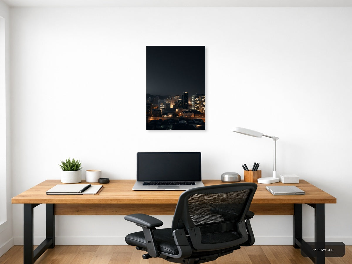 Urban Skyline at Dusk with Golden City Lights | Minimalist Wall Art — A2 (Office)