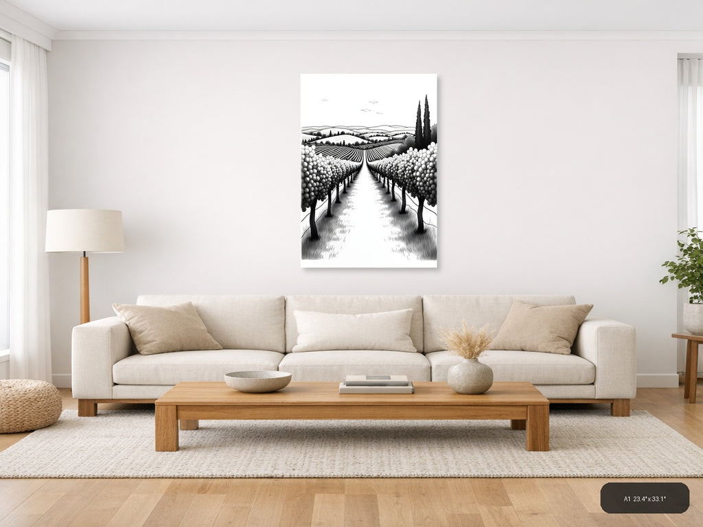 Tuscan Vineyard Landscape Line Art Black and White Wall Art — A1 / Living Room