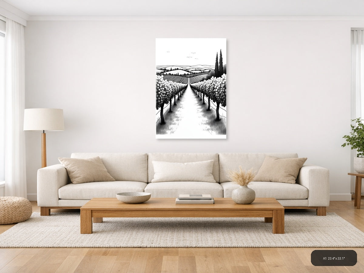 Tuscan Vineyard Landscape Line Art Black and White Wall Art — A1 / Living Room