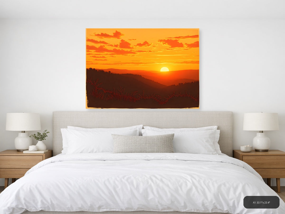 Vintage Sunset Over Mountains Landscape Wall Art — A1 / Bedroom