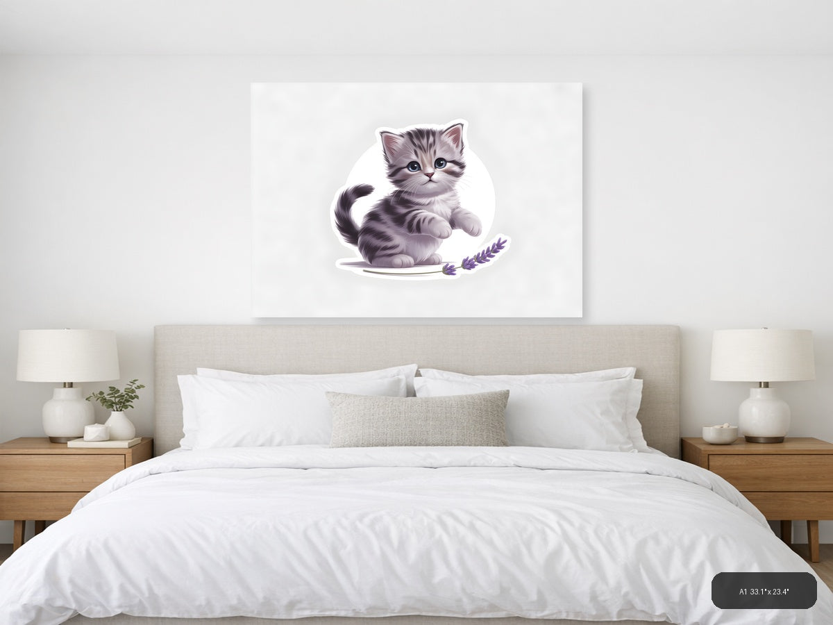 Cute Gray Tabby Kitten with Lavender - Minimalist Wall Art — A1 / Bedroom