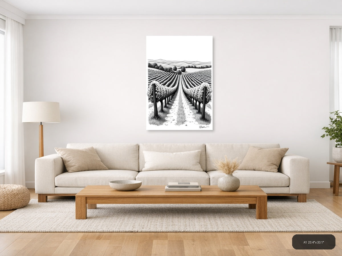 Vineyard Landscape Line Art - Monochrome Wine Country Wall Art — A1 / Living Room