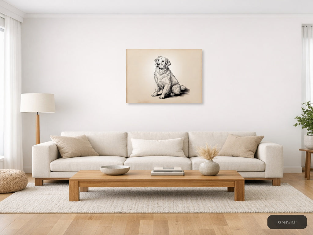 Golden Retriever Sitting Portrait Line Art Wall Art — A3 / Living Room