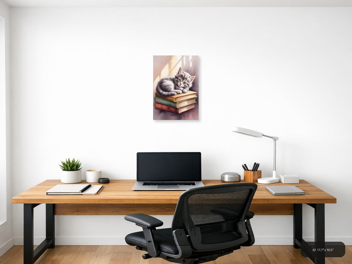 Kitten on Books Watercolor Portrait Wall Art — A3 / Office