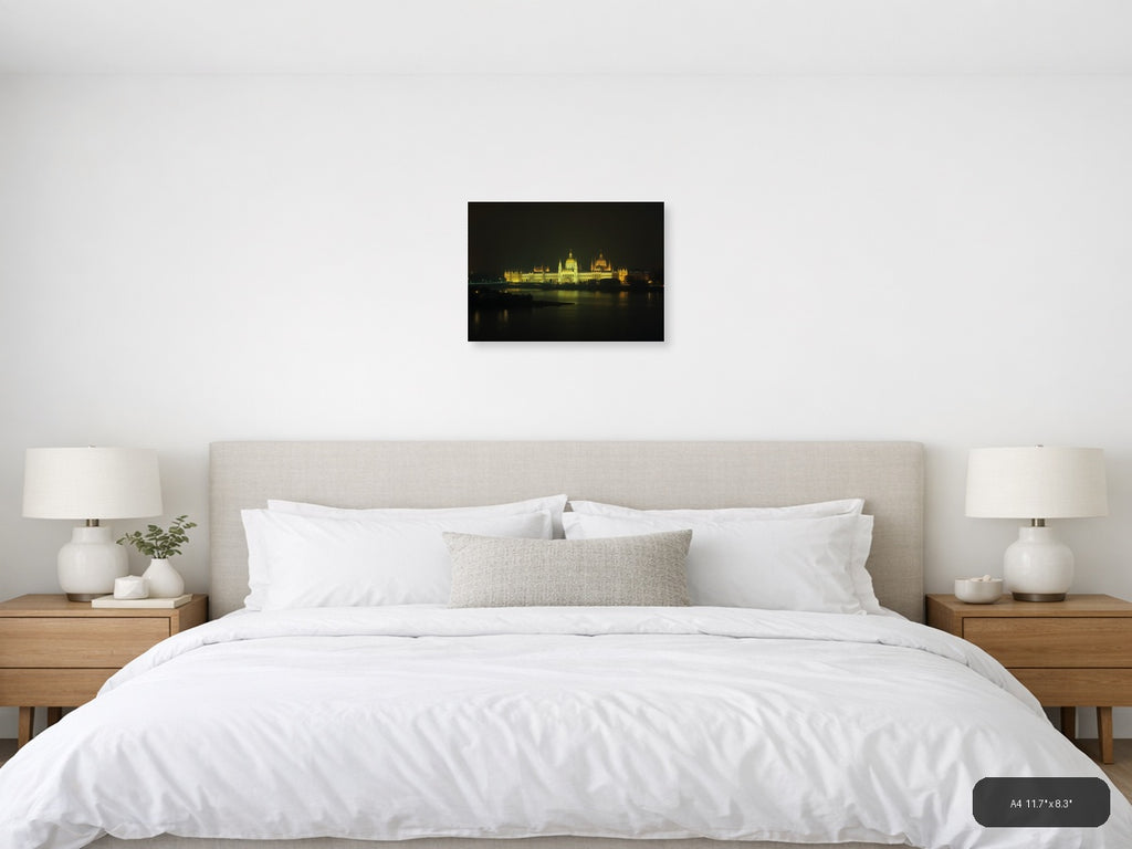 Golden Parliament Building Night Reflection | Minimalist Landscape Wall Art — A4 (Bedroom)