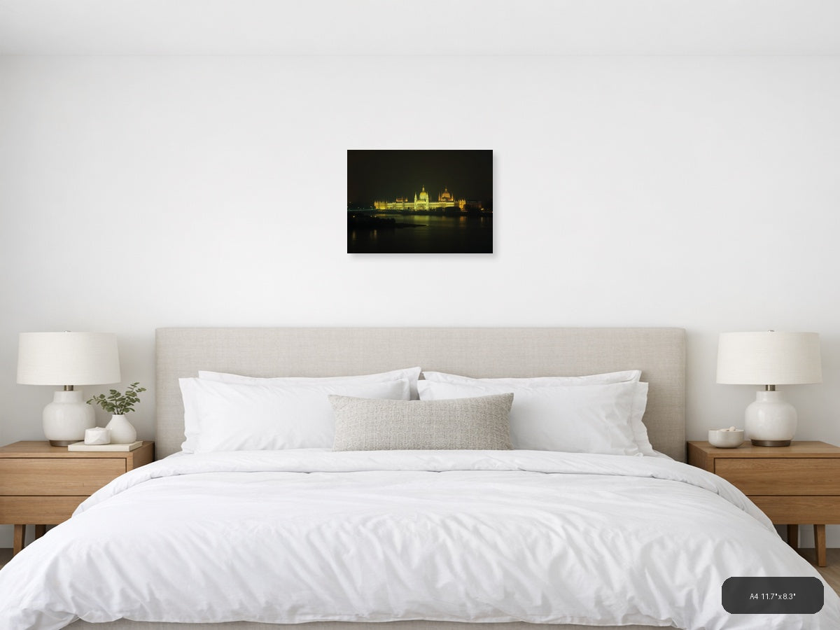Golden Parliament Building Night Reflection | Minimalist Landscape Wall Art — A4 (Bedroom)