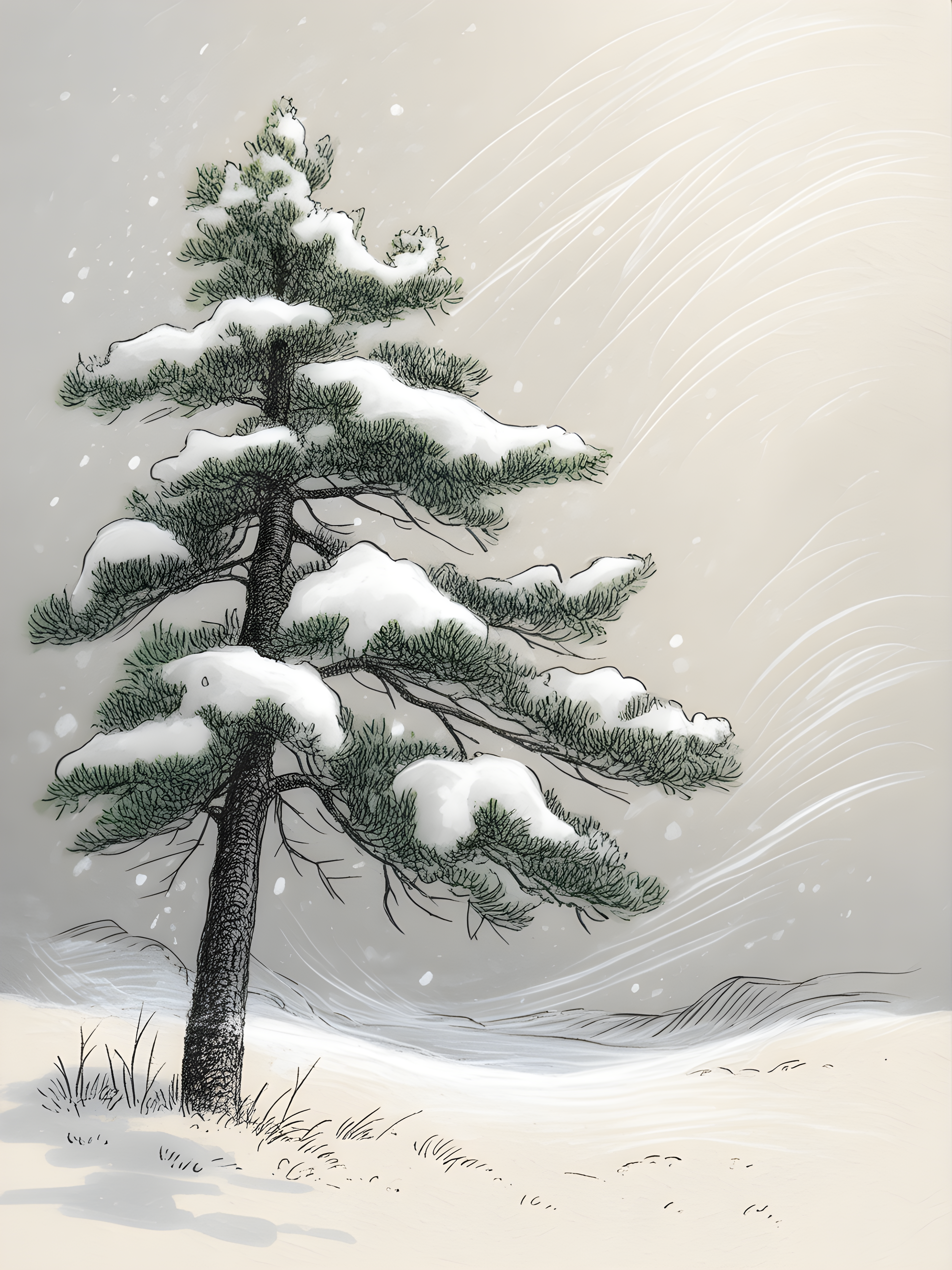 Snow-Covered Pine Tree Line Art Winter Wall Art