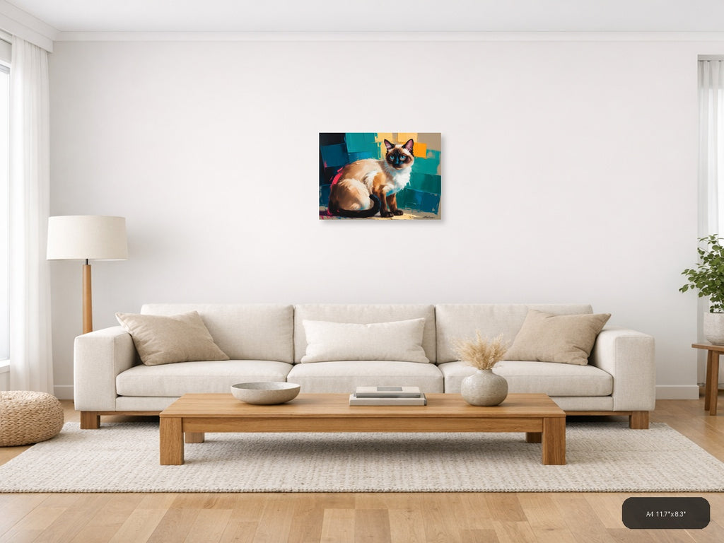 Siamese Cat with Blue Eyes Abstract Modern Wall Art — A4 / Living Room