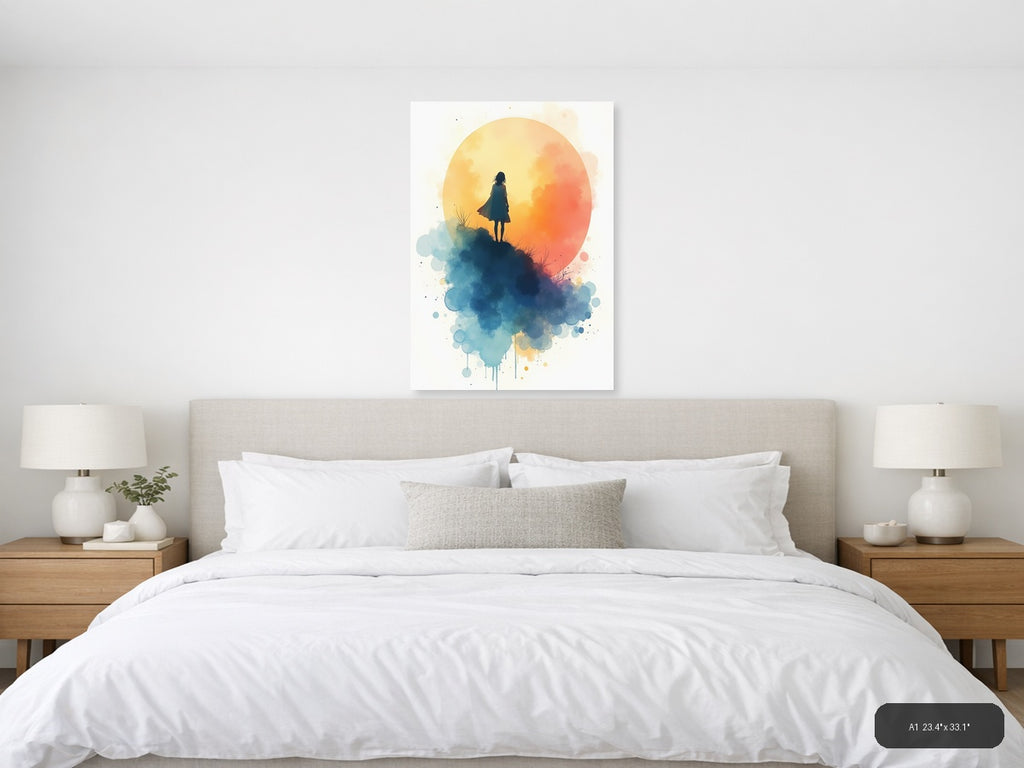 Girl Under Golden Sunset Watercolor Wall Art — A1 / Bedroom