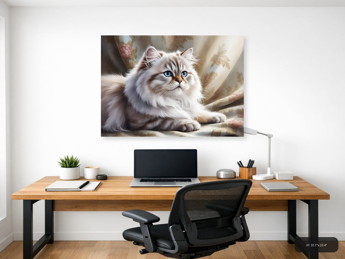 White Persian Cat with Blue Eyes Watercolor Wall Art — A1 / Office
