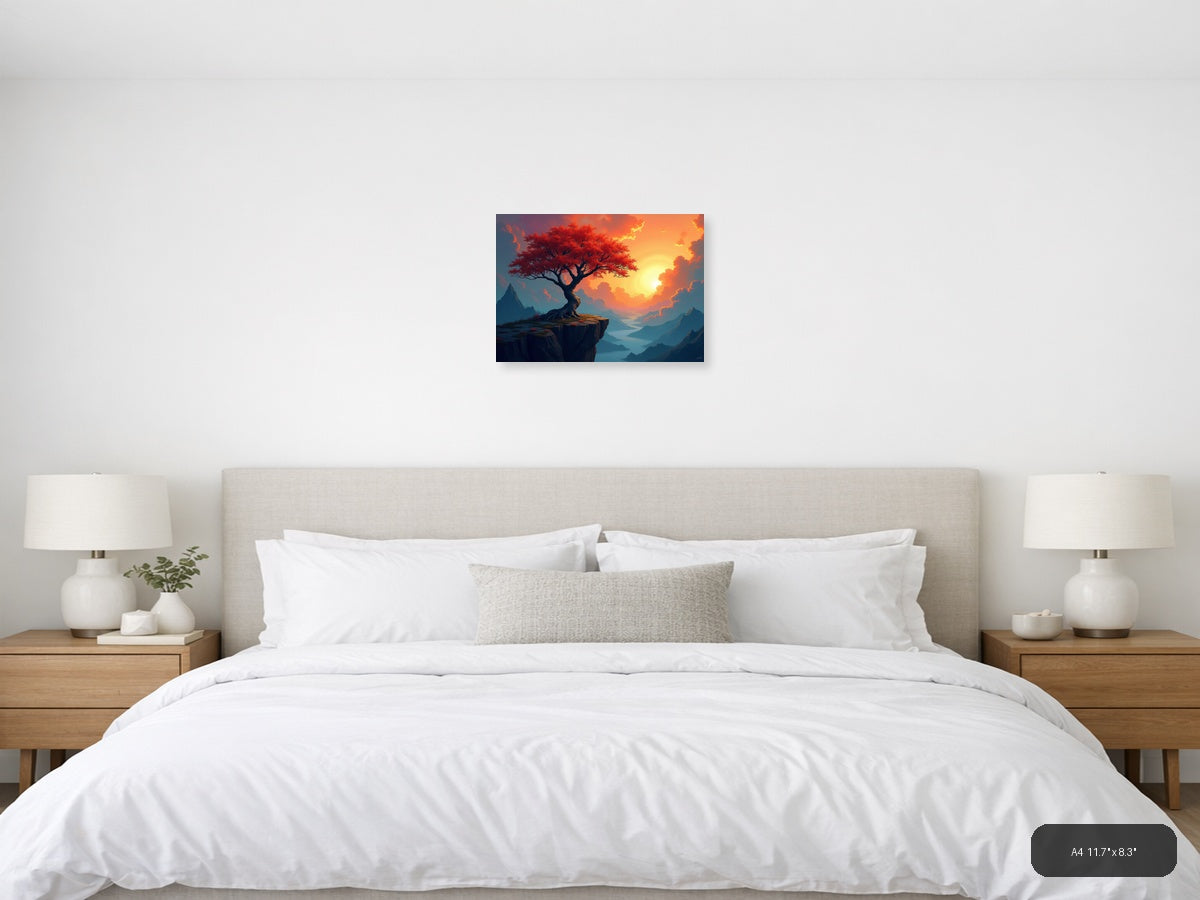 Crimson Tree Sunset Mountain Landscape Abstract Wall Art — A4 / Bedroom