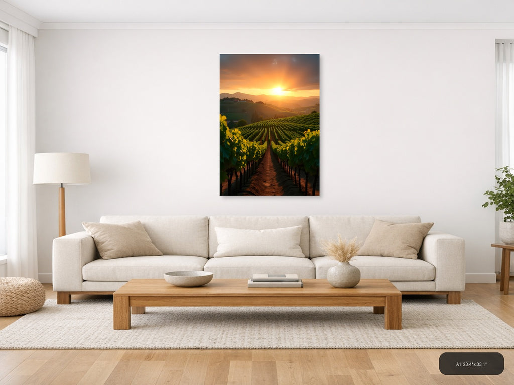 Golden Sunset Over Vineyard Rows Photography Wall Art — A1 / Living Room