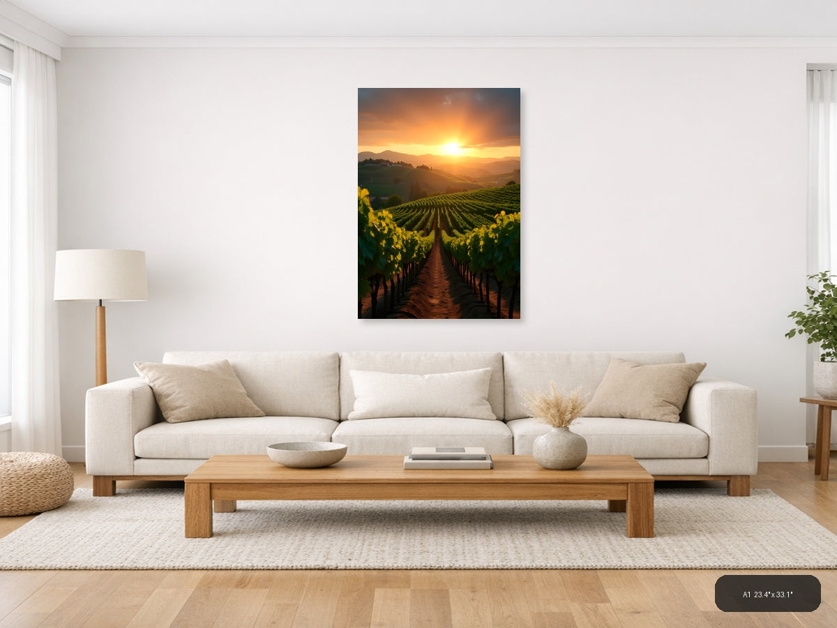 Golden Sunset Over Vineyard Rows Photography Wall Art — A1 / Living Room