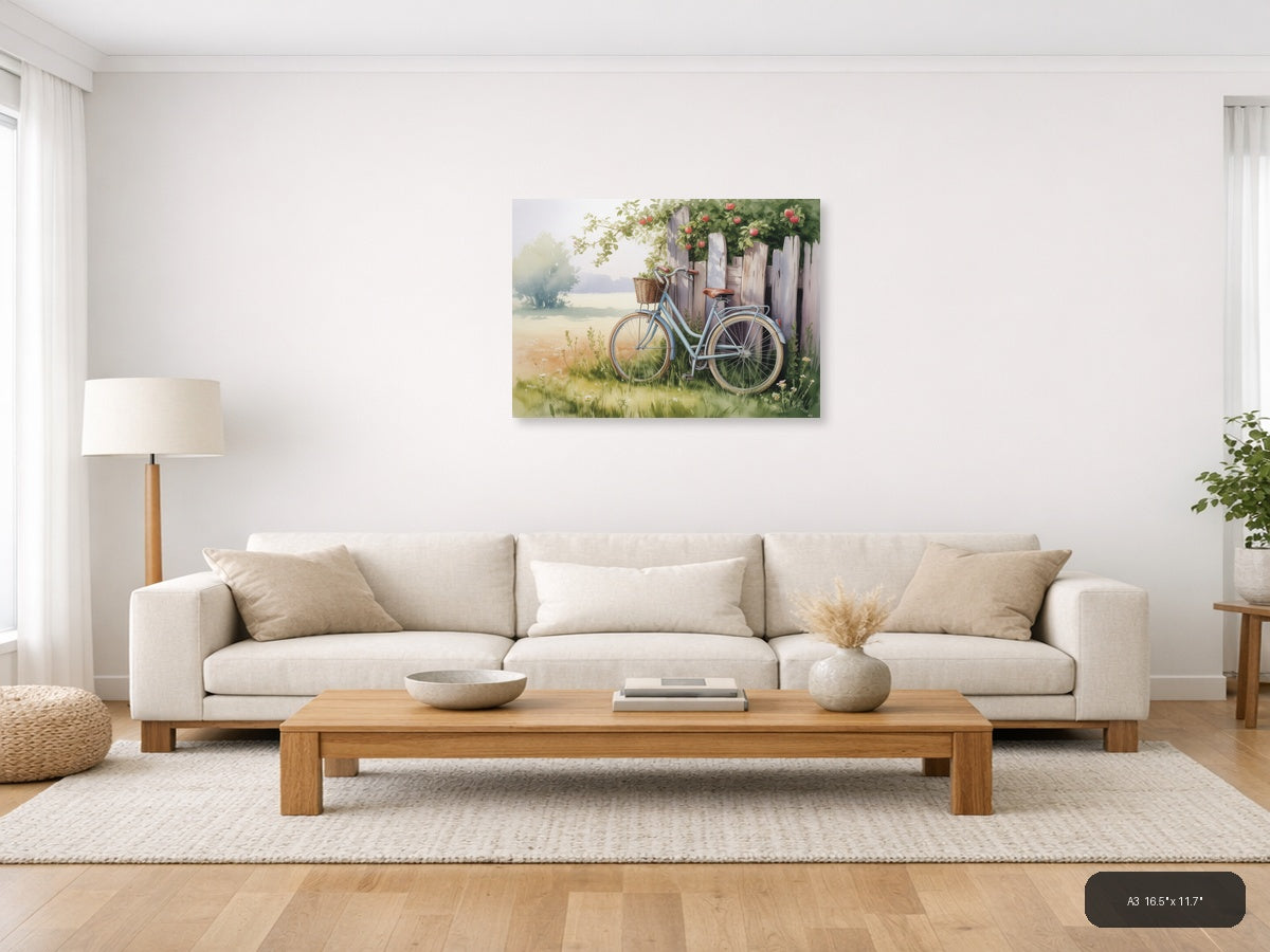 Vintage Bicycle by Wooden Fence - Watercolor Wall Art — A3 / Living Room