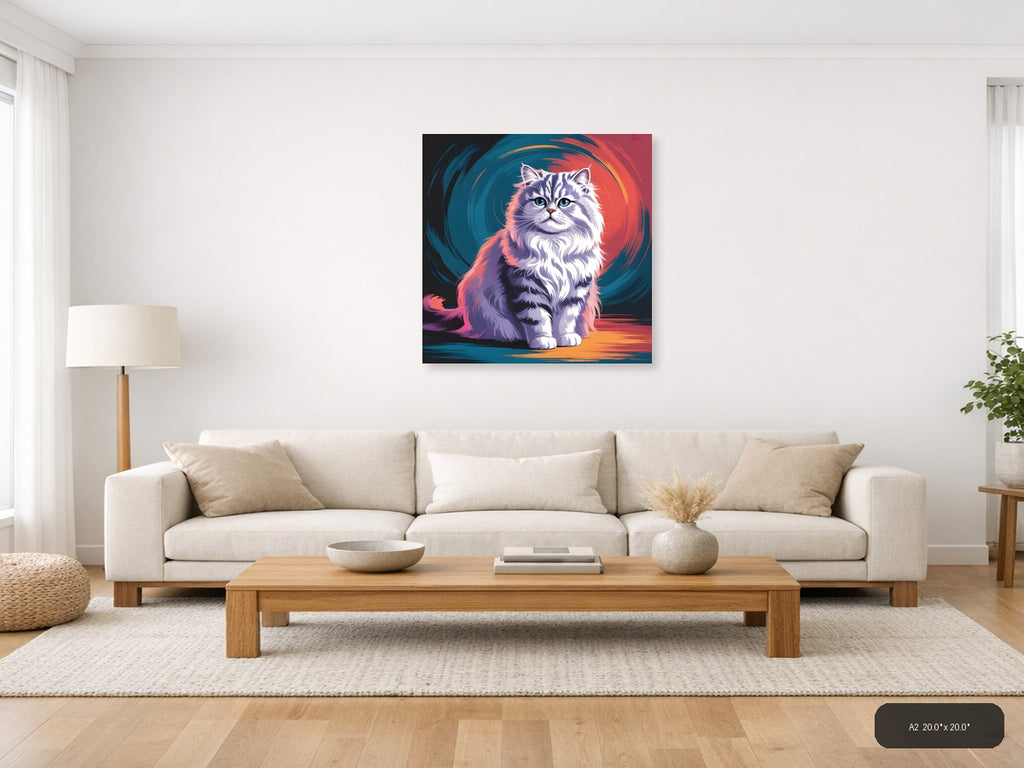 Fluffy Cat Abstract Portrait with Neon Colors Wall Art — A2 / Living Room