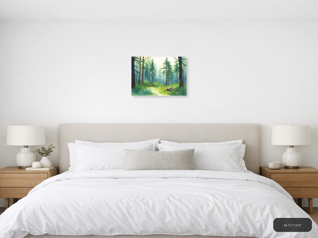 Misty Forest Stream with Wildlife Watercolor Wall Art — A4 / Bedroom