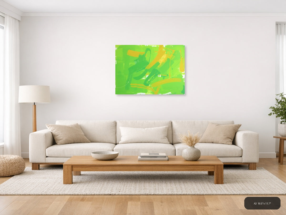Vibrant Green & Yellow Abstract Brush Strokes Wall Art — A3 / Living Room