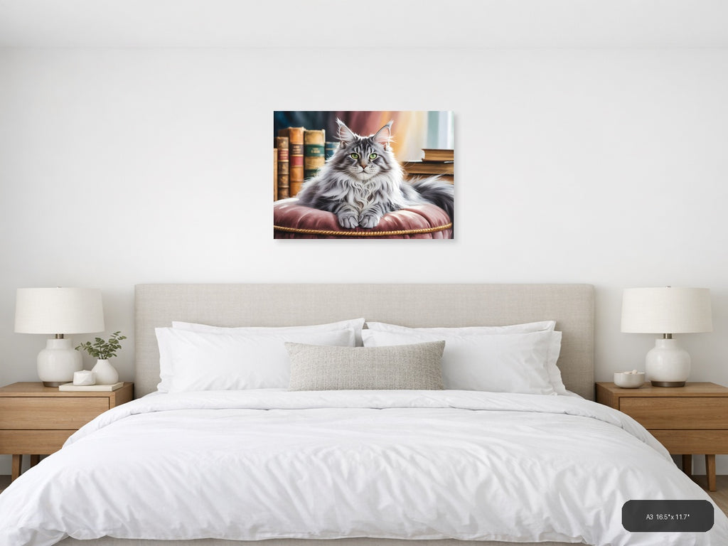 Majestic Long-Haired Cat Library Watercolor Wall Art — A3 / Bedroom