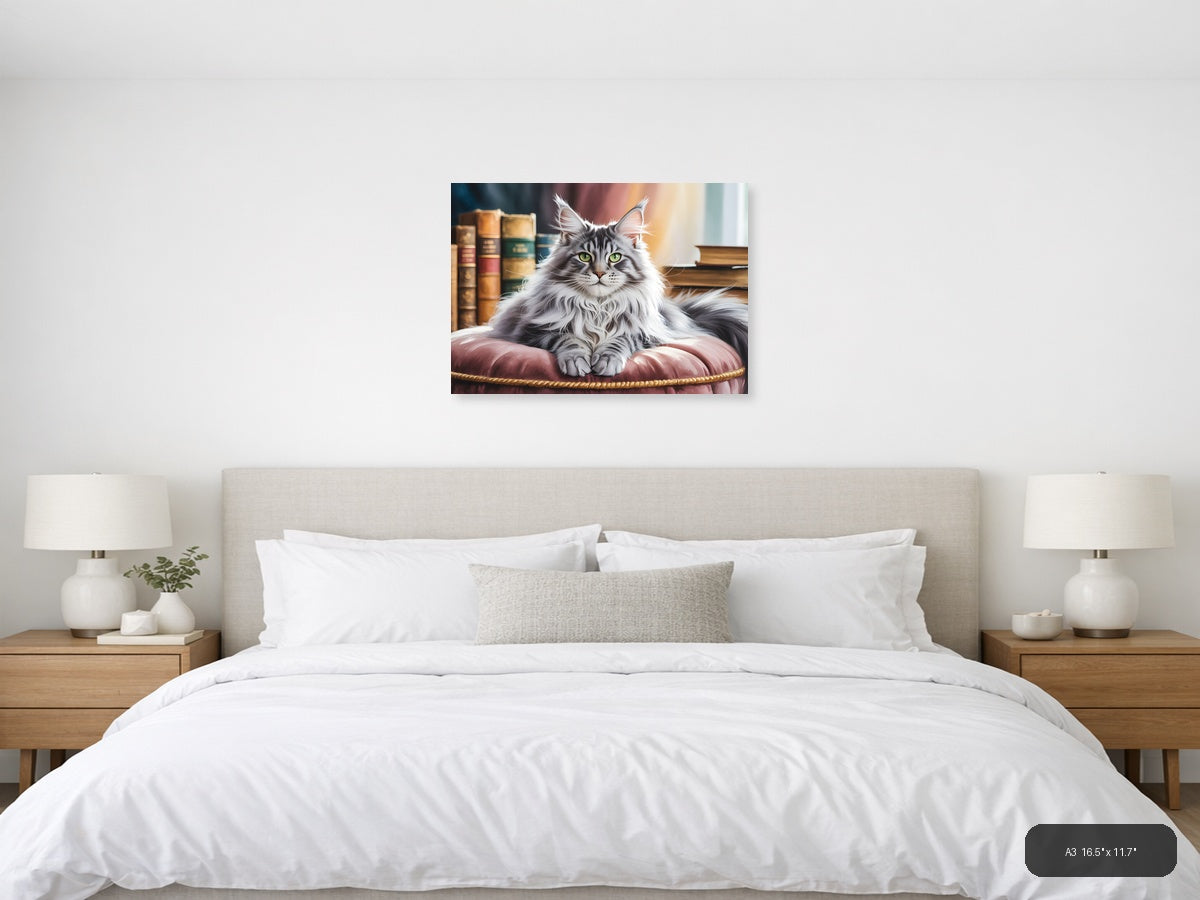 Majestic Long-Haired Cat Library Watercolor Wall Art — A3 / Bedroom