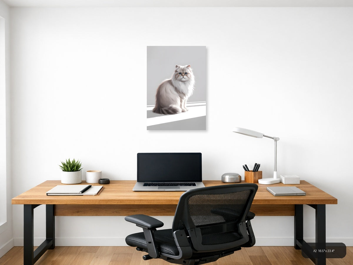 Fluffy White Cat with Blue Eyes Minimalist Wall Art — A2 / Office